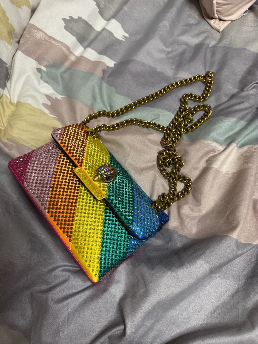 Kurt Geiger Rainbow Crystal Mini Bag with Gold Chain